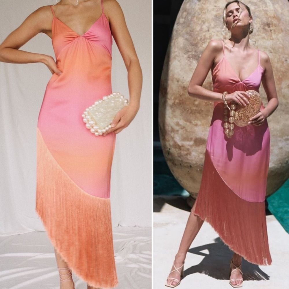 Cult Gaia Tiana Fringed Satin Midi Dress Magnolia Pink/Orange Ombre Sz M